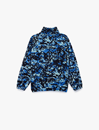 Uzun Kollu Dik Yaka Kapaklı Cepli Desenli Oversize Polar Sweatshirt