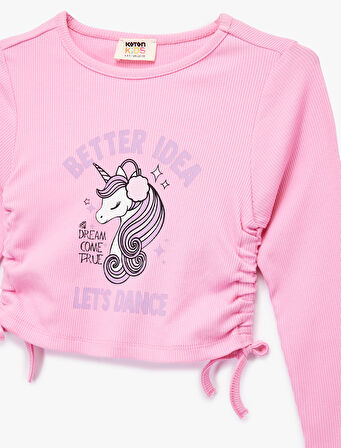 Unicorn Baskılı Uzun Kollu Bisiklet Yaka Ribanalı Crop Tişört