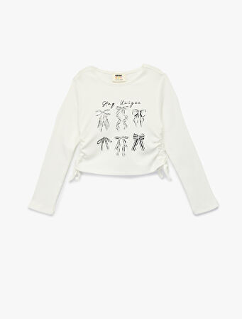 Uzun Kollu Bisiklet Yaka Fiyonk Baskılı Kaşkorse Pamuklu Tişört