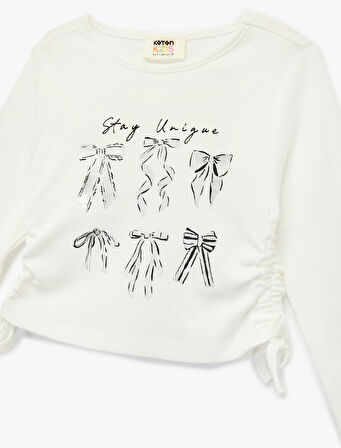 Uzun Kollu Bisiklet Yaka Fiyonk Baskılı Kaşkorse Pamuklu Tişört