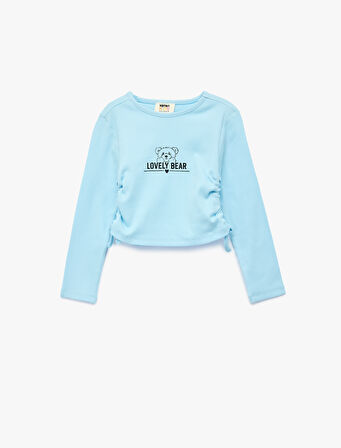 Ayıcık Baskılı Büzgü Detaylı Pamuklu Uzun Kollu Tişört