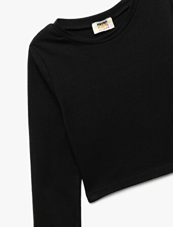 Pamuklu Bisiklet Yaka Uzun Kollu Basic Crop Tişört