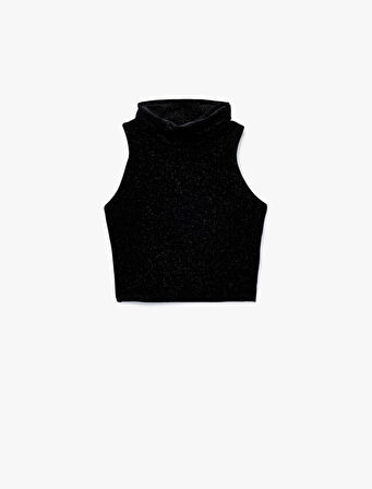 Kolsuz Slim Fit Balıkçı Yaka Simli Crop Kadife Top