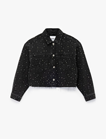 Uzun Kollu Klasik Yaka Cep Detaylı Crop Taşlı Denim Ceket