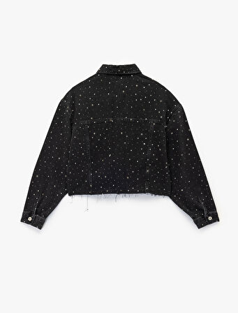 Uzun Kollu Klasik Yaka Cep Detaylı Crop Taşlı Denim Ceket