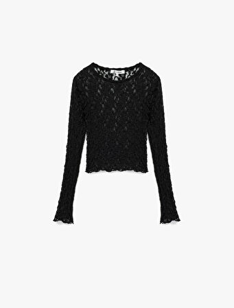 Slim Fit Uzun Kollu Bisiklet Yaka Dantel Bluz