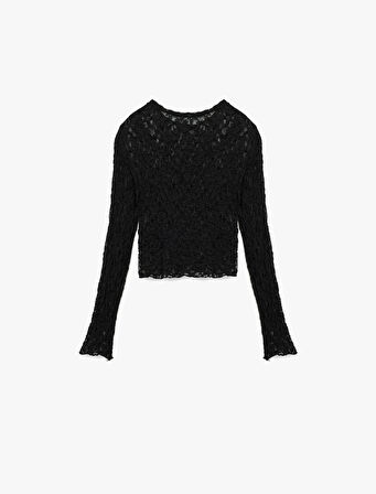 Slim Fit Uzun Kollu Bisiklet Yaka Dantel Bluz