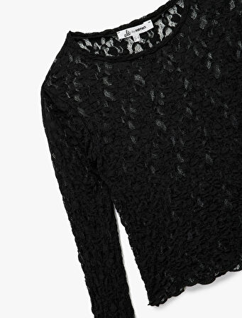 Slim Fit Uzun Kollu Bisiklet Yaka Dantel Bluz