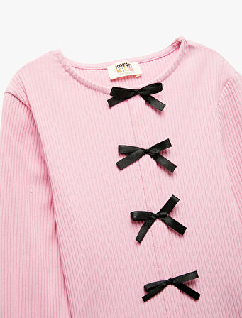 Ribanalı Uzun Kollu Bisiklet Yaka Fiyonklu Pamuklu Tişört