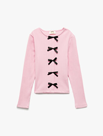 Ribanalı Uzun Kollu Bisiklet Yaka Fiyonklu Pamuklu Tişört