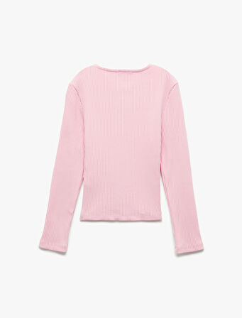 Ribanalı Uzun Kollu Bisiklet Yaka Fiyonklu Pamuklu Tişört