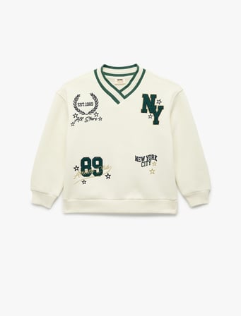 Nakış Detaylı Uzun Kollu V Yaka Şardonlu Oversize Sweatshirt