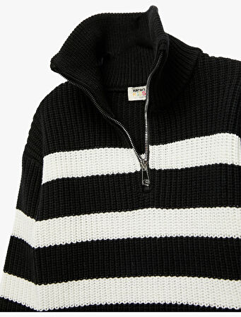 Yarım Fermuarlı Balıkçı Yaka Uzun Kollu Çizgili Triko Kazak