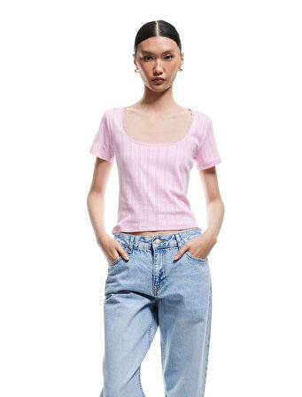 Slim Fit Pamuklu Derin U Yaka Kısa Kollu Tişört