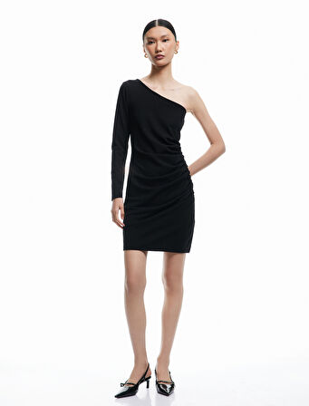 Uzun Kollu Tek Omuz Mini Elbise