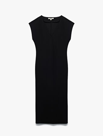 Bürümcük Kumaş Slim Fit Kolsuz Midi Boy V Yaka Bodycon Elbise