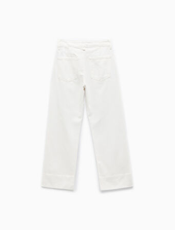 Nervürlü Yüksek Bel Düz Katlı Paça Denim Pantolon - Straight Fit Jean