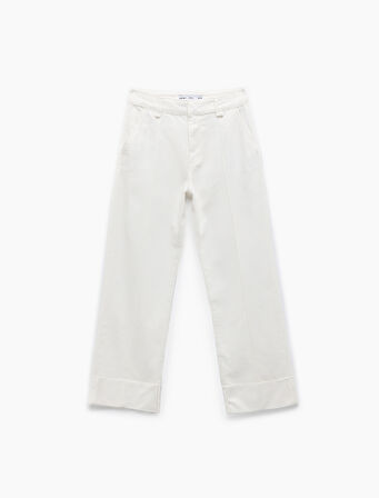 Nervürlü Yüksek Bel Düz Katlı Paça Denim Pantolon - Straight Fit Jean