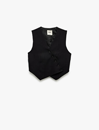 Astarlı Asimetrik Kolsuz V Yaka Düğmeli Blazer Yelek