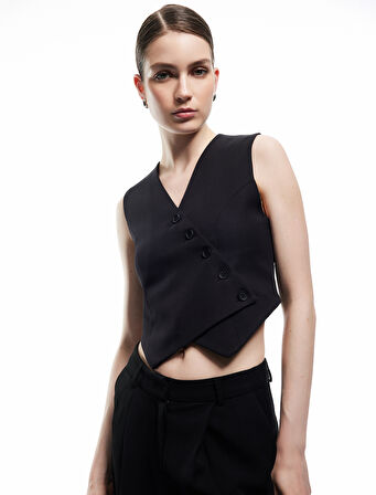 Astarlı Asimetrik Kolsuz V Yaka Düğmeli Blazer Yelek