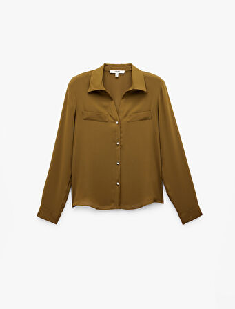 Krep Kumaş Düğmeli Aplike Detaylı Uzun Kollu Gömlek