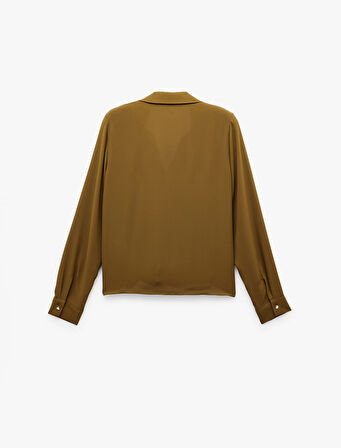 Krep Kumaş Düğmeli Aplike Detaylı Uzun Kollu Gömlek