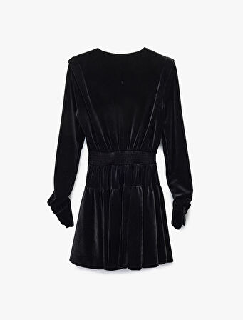 Kruvaze Yaka Uzun Kollu Büzgü Detaylı Kadife Mini Abiye Elbise