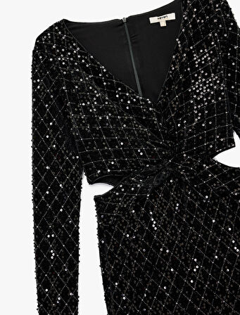 Payetli Pencere Detaylı Uzun Kollu V Yaka Mini Bodycon Abiye Elbise