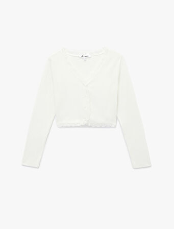 Dantel Detaylı Slim Fit Uzun Kollu V Yaka Crop Tişört