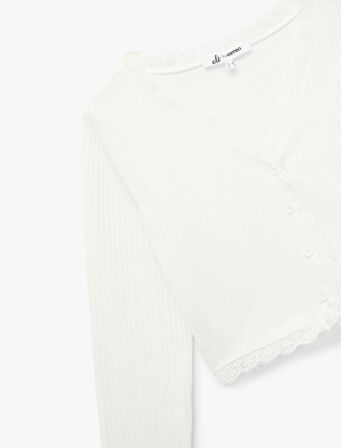 Dantel Detaylı Slim Fit Uzun Kollu V Yaka Crop Tişört