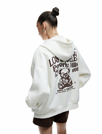 Kapüşonlu Fermuarlı Arkası Baskılı Cepli Şardonlu Oversize Sweatshirt