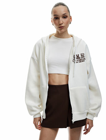 Kapüşonlu Fermuarlı Arkası Baskılı Cepli Şardonlu Oversize Sweatshirt