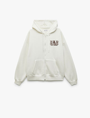 Kapüşonlu Fermuarlı Arkası Baskılı Cepli Şardonlu Oversize Sweatshirt