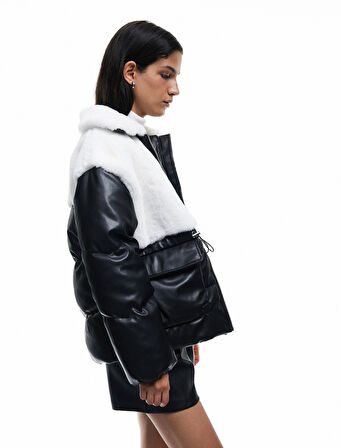 Suni Kürklü Cepli Uzun Kollu Cep Detaylı Deri Şişme Ceket