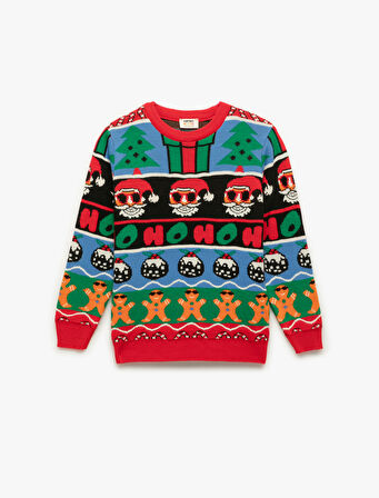 Uzun Kollu Bisiklet Yaka Yılbaşı Desenli Triko Kazak