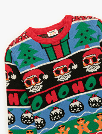 Uzun Kollu Bisiklet Yaka Yılbaşı Desenli Triko Kazak