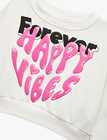 Şardonlu Uzun Kollu Bisiklet Yaka Baskılı Sweatshirt