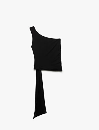 Slim Fit Bağlama Detaylı Tül Detaylı Tek Omuz Bluz