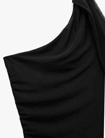 Slim Fit Bağlama Detaylı Tül Detaylı Tek Omuz Bluz