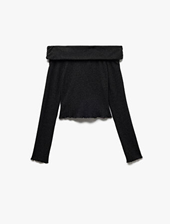 Omzu Açık Slim Fit Viskon Karışımlı Kaşkorse Uzun Kollu Tişört