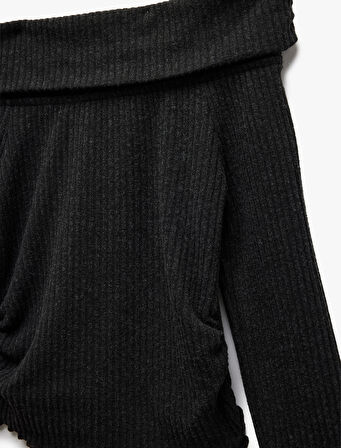 Omzu Açık Slim Fit Viskon Karışımlı Kaşkorse Uzun Kollu Tişört