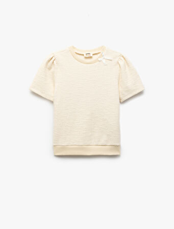 Fiyonk Detaylı Bisiklet Yaka Kısa Kollu Tüvit Bluz