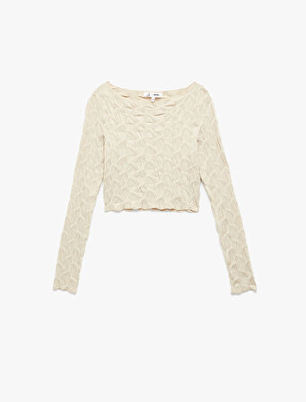 Uzun Kollu Dokulu Kayık Yaka Slim Fit Crop Tişört