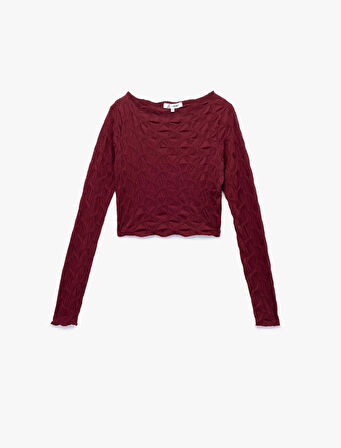 Uzun Kollu Dokulu Kayık Yaka Slim Fit Crop Tişört