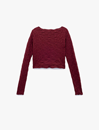 Uzun Kollu Dokulu Kayık Yaka Slim Fit Crop Tişört