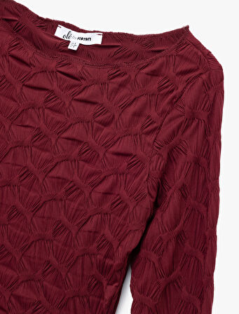Uzun Kollu Dokulu Kayık Yaka Slim Fit Crop Tişört