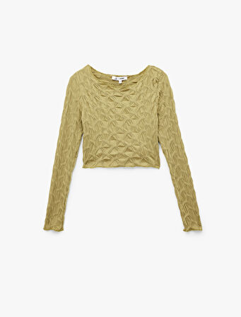 Uzun Kollu Dokulu Kayık Yaka Slim Fit Crop Tişört