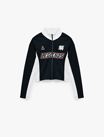 Dik Yaka Baskılı Renk Bloklu Slim Fit Fermuarlı Uzun Kollu Tişört