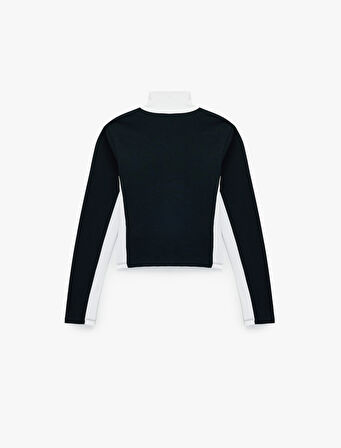 Dik Yaka Baskılı Renk Bloklu Slim Fit Fermuarlı Uzun Kollu Tişört