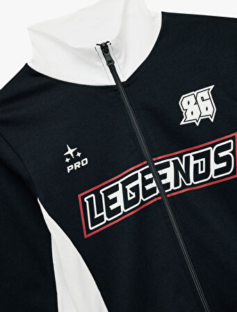 Dik Yaka Baskılı Renk Bloklu Slim Fit Fermuarlı Uzun Kollu Tişört